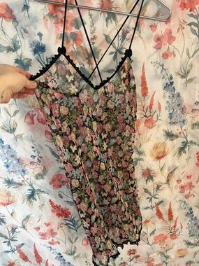 Vintage Floral Sheer Slip Dress with Lace Trim